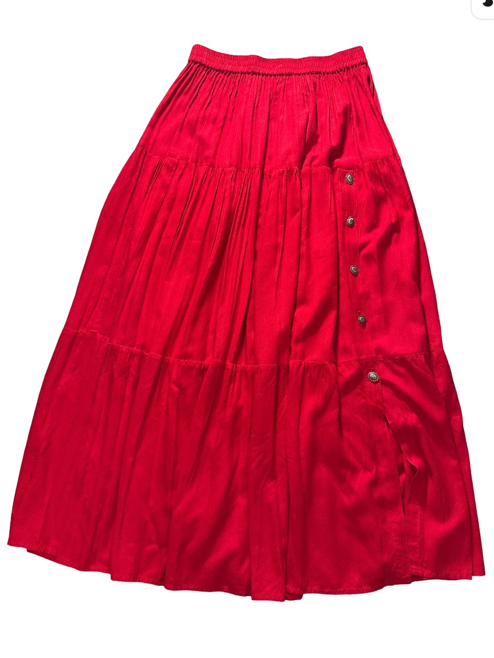 Crazy Cowgirl Bright Red Tiered Maxi Skirt with Side Button Trim size large